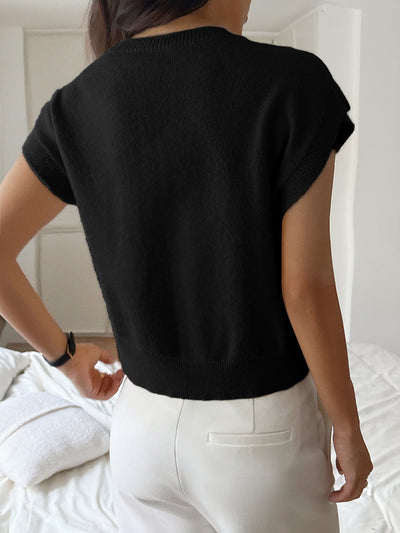 Women Clothing Autumn Winter Casual Vacation Deep V Plunge Neck Solid Color Sweater with Short Sleeves