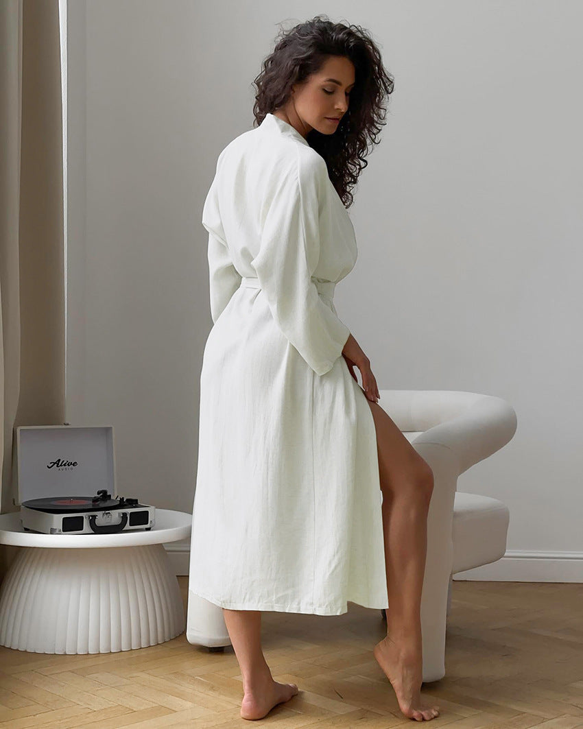 Summer Apricot Cotton Loose Cardigan Lace Up Long Sleeve Nightgown Casual Comfortable Bathrobe Women Homewear