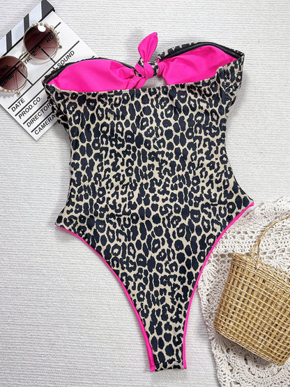 Bikini Leopard Print Contrast Color Hollow Out Cutout out Swimsuit