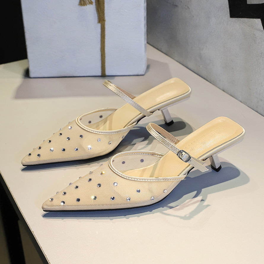 French Mesh Lace Pointed Toe Stiletto Toe Box Rhinestone Slippers Outer Wear Hollow Out Cutout Sexy Strap Half Slippers - GLAMWEARS