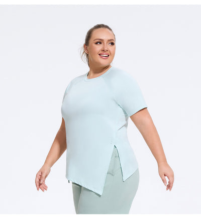 Plus Size Yoga Wear Women Sports Top T shirt with Short Sleeves Split Running Pilates Training Loose Blouse Workout Clothes