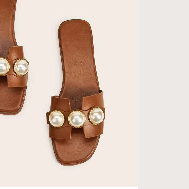 Pearl Flat Slippers Women Lightweight Low Heel Outerwear Beach Slippers Supply