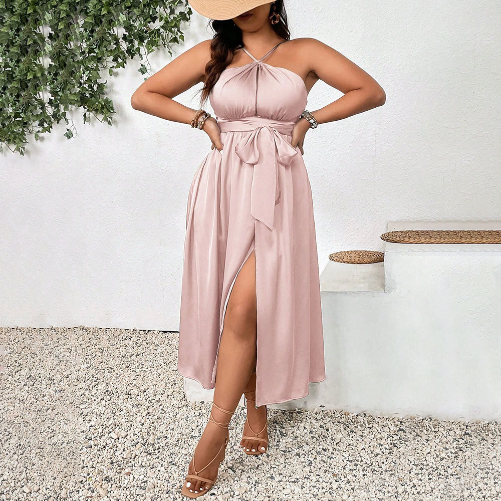 Slant Shoulder Dress Elegance Sleeveless Sexy High Waist Split Dress Women Clothing