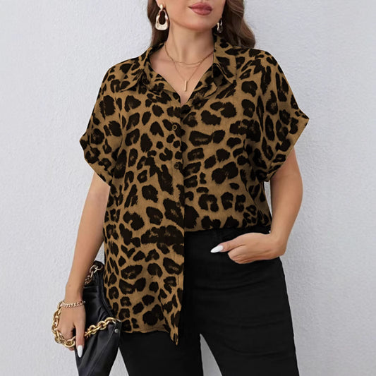 Oversized Short Sleeve Shirt Loose Casual All Matching Leopard Print Digital Printed Beach Vacation Top