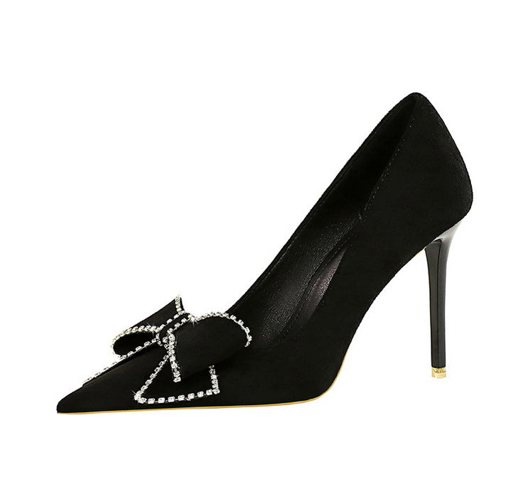 Sexy Nightclub Super High Heel Women Shoes Stiletto Suede Shallow Mouth Pointed Toe Rhinestone Bow Pumps - GLAMWEARS