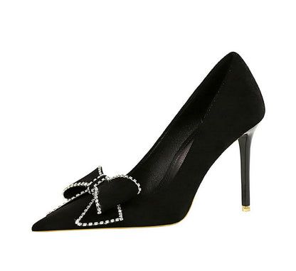 Sexy Nightclub Super High Heel Women Shoes Stiletto Suede Shallow Mouth Pointed Toe Rhinestone Bow Pumps