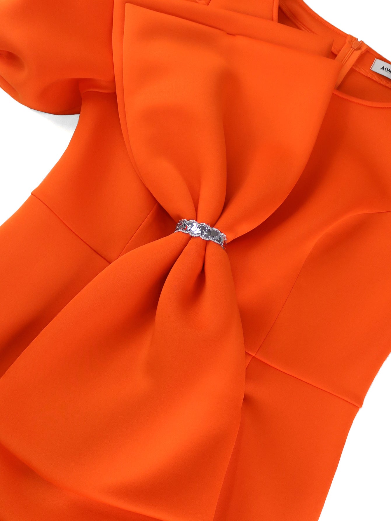 Elegant Puff Sleeve round Neck Dress Bow High Waist Slim Fit Party Evening Dress