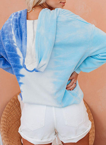 Autumn Winter Women Clothing Tie Dyed Hooded Sweatshirt Loose Gradient Color Long Sleeve Top