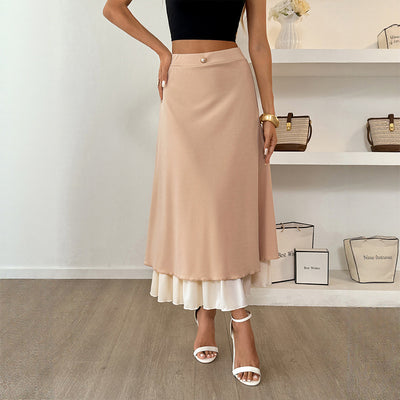 Office A line Skirt Casual Vacation Fastener Decoration Layered Skirt