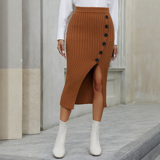 Autumn Winter Casual Knitted Hip Skirt Elegant Button Split Woolen Skirt