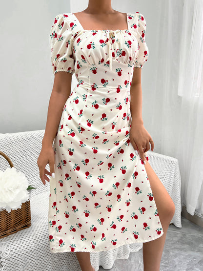 Women Clothing Puff Sleeve Floral Split Dress Vacation