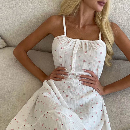 Summer Sling Cotton Printed Nightdress Homewear Pajamas Women Outerwear