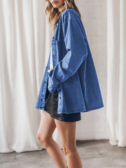 Retro Hong Kong Collared Denim Coat Women Blue Large Pocket Loose Casual Jacket