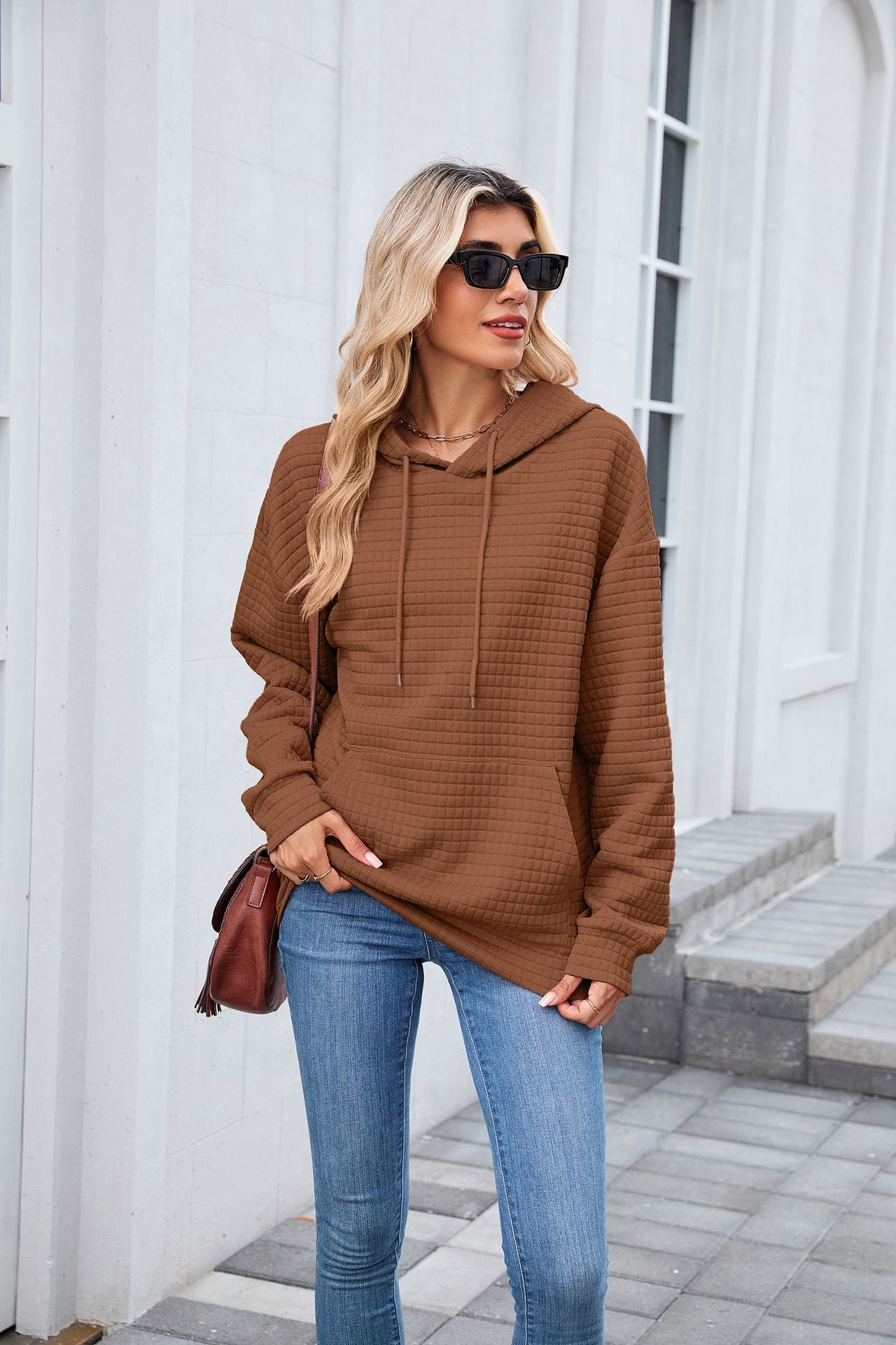 Autumn Winter Solid Color Hooded Pocket Loose Long Sleeve Sweatershirt Coat for Women