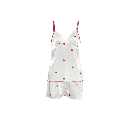 Spring Homewear Heart Printing Suspender Shorts Sexy Two Piece Set Satin Women Pajamas