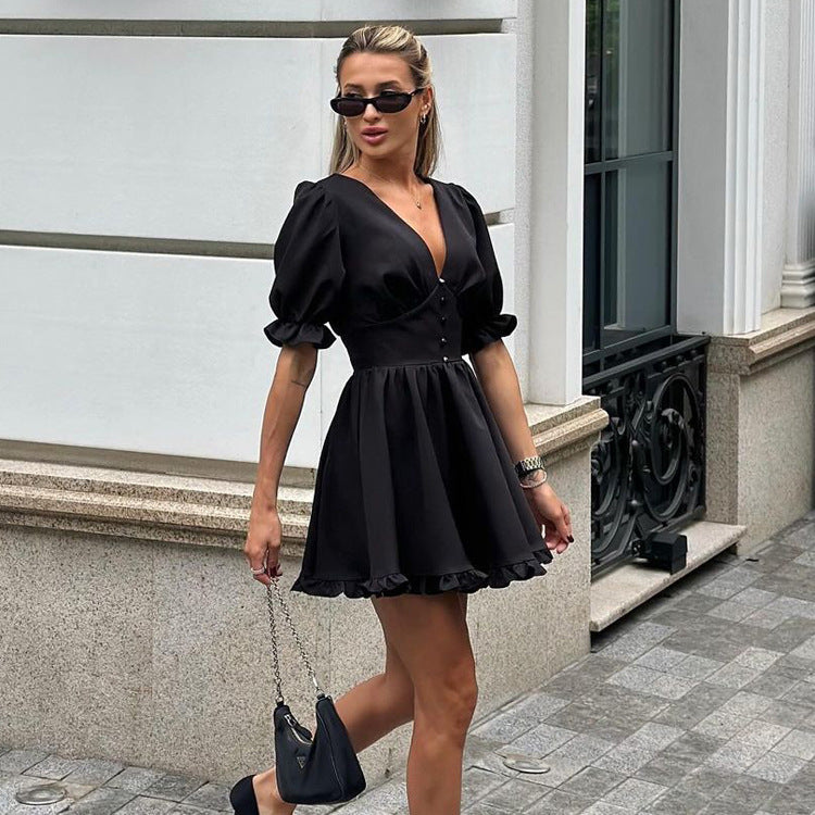 Women Clothing Summer French Puff Sleeve High Waist A line Dress Sexy V neck Waist Black Dress