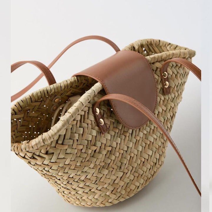 Natural Grass Shoulder Straw Bag Faux Leather Stitching Woven Bag Vacation Beach Bag All Match Rattan Weave Bag - GLAMWEARS