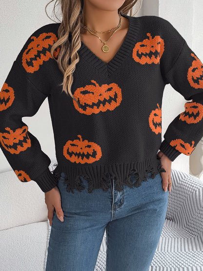 Autumn Winter Halloween Contrast Color Pumpkin Cut Rotten Long Sleeve Pullover Women Clothing