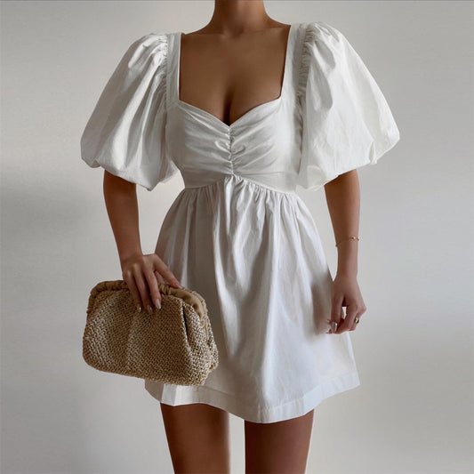 Sexy U Collar Short Dress Spring Summer Dress Women Casual Vacation Cotton Puff Sleeve Princess Dress