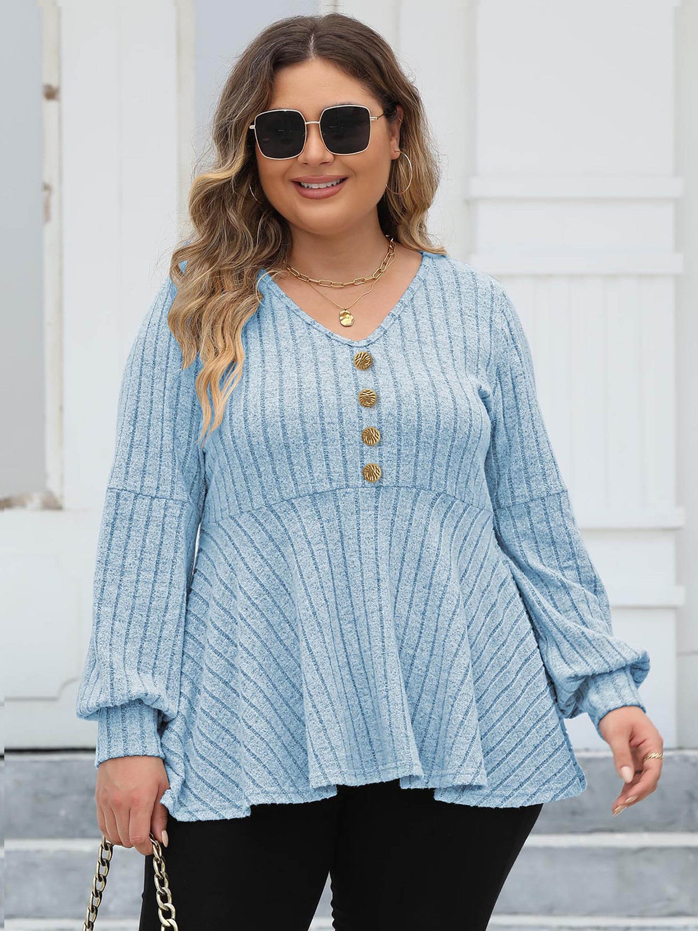 Women Tops plus Size Women Doll Shirt V neck Sunken Stripe Fleece Lantern Sleeve T shirt Gold Fastener Decoration Top