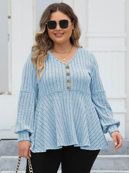 Women Tops plus Size Women Doll Shirt V neck Sunken Stripe Fleece Lantern Sleeve T shirt Gold Fastener Decoration Top