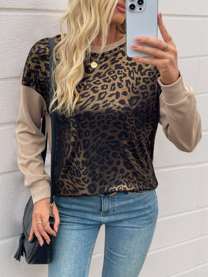 Personality Street Retro Trendy Long Sleeve round Neck Leopard Print Top Women
