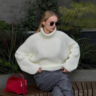High Collar Warm Sweater Women Autumn Winter White Pullover Sweater Loose Sweater