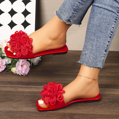Floral Flat Square Toe Slippers for Women Outdoor Casual Lightweight Beach Slippers