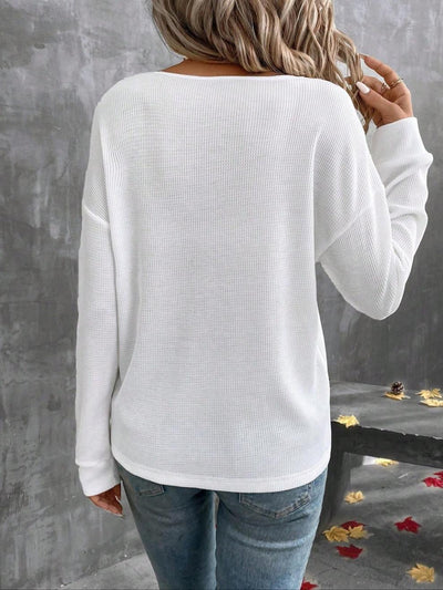 Women Clothing Autumn Winter Solid Color V neck Loose Long Sleeve T shirt Button