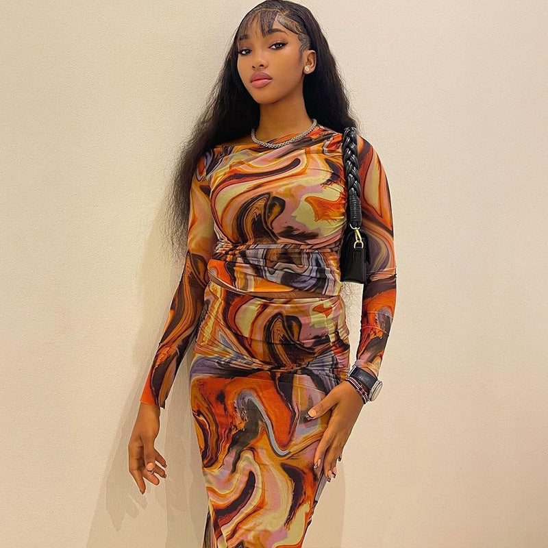 Print round Neck Long Sleeves Cropped Top Sheath Skirt Set Trendy Women