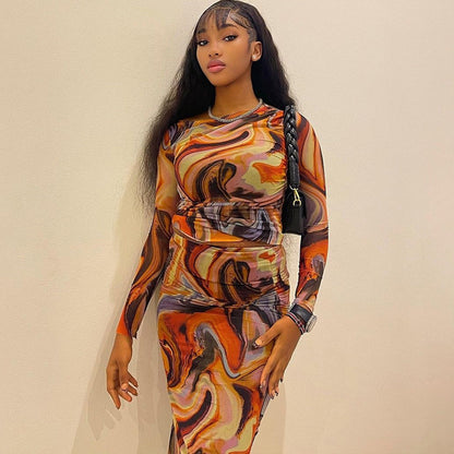 Print round Neck Long Sleeves Cropped Top Sheath Skirt Set Trendy Women