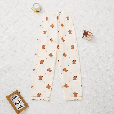 Women Long Sleeved Trousers Spring Autumn Set Sweet Outer Wear Girl Cardigan Cartoon Bear Pattern Home Wear