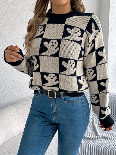 Autumn Winter Halloween Plaid Lantern Long Sleeve Pullover Women Clothing
