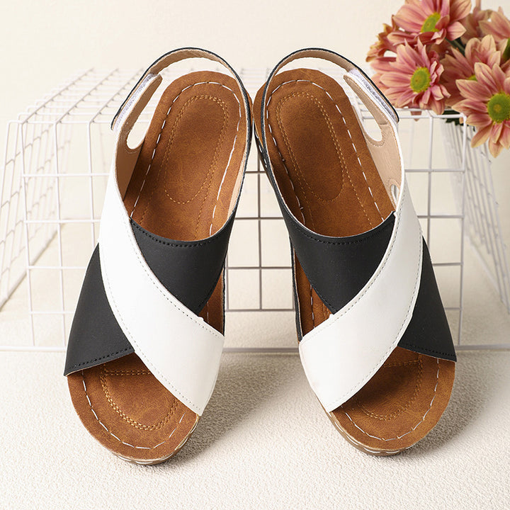 Platform Cross Wedge Sandals Women Outer Wear Contrast Color Breathable Velcro Beach Slippers - GLAMWEARS