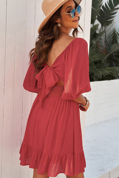 U Collar Pullover Dress Women Solid Color Mid-Sleeve Pleated Knee Length