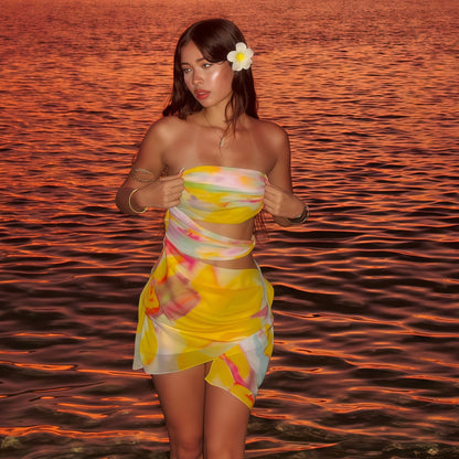 Women Clothing Summer Printed Sexy Beach Holiday off Shoulder Tube Top Package Hip Dress