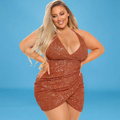 Plus Size Women Clothing Autumn Embroidery Beads Sexy Halter Dress