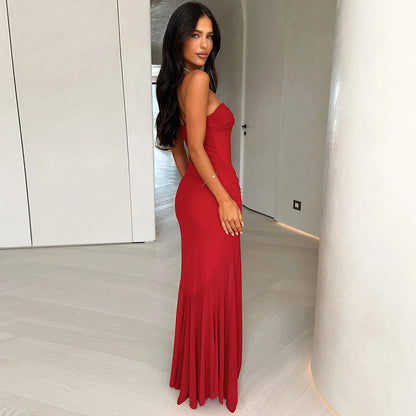 Women Clothing Solid Color Sleeveless Backless Slim Fit Sheath Pleated Tube Top Maxi Dress