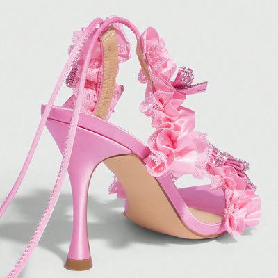 Mach Pink Lace up Stiletto Heel Pointed Sandals 8.5cm Heels Bowknot Women Shoes