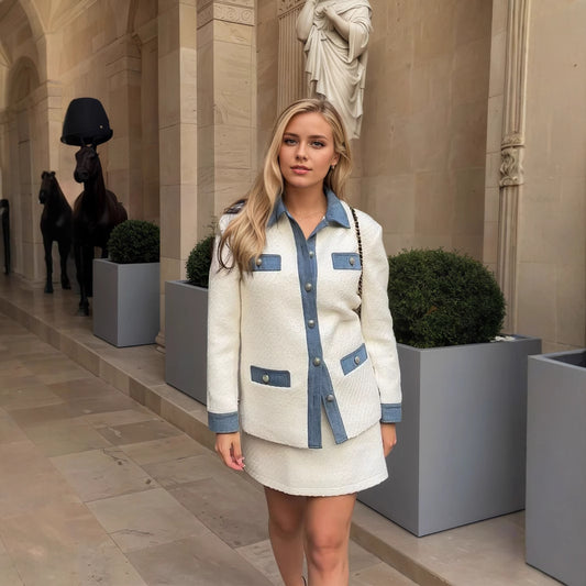 Office White Tweed Fabric Stitching Collared Four Bag Design Classic Patchwork Top Coat