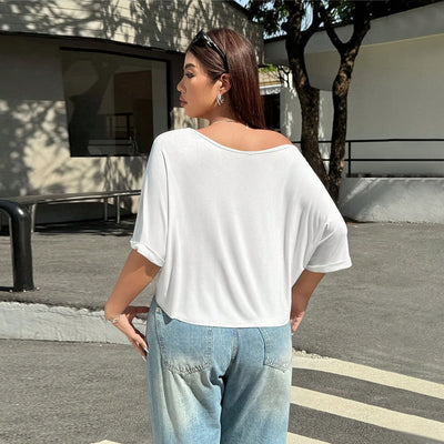 Plus Size Summer Women Clothes Simple Casual T shirt round Neck off the Shoulder Half Sleeve Slimming Top