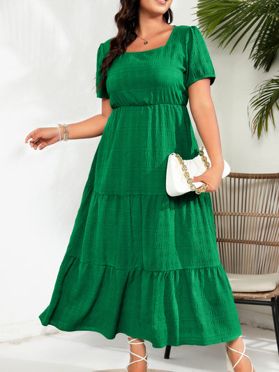 Women Bubble Sleeve Square Collar Back Pleating Short Sleeve Pocket Dress