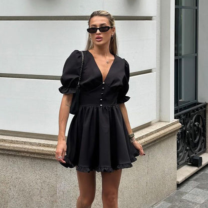 Women Clothing Summer French Puff Sleeve High Waist A line Dress Sexy V neck Waist Black Dress