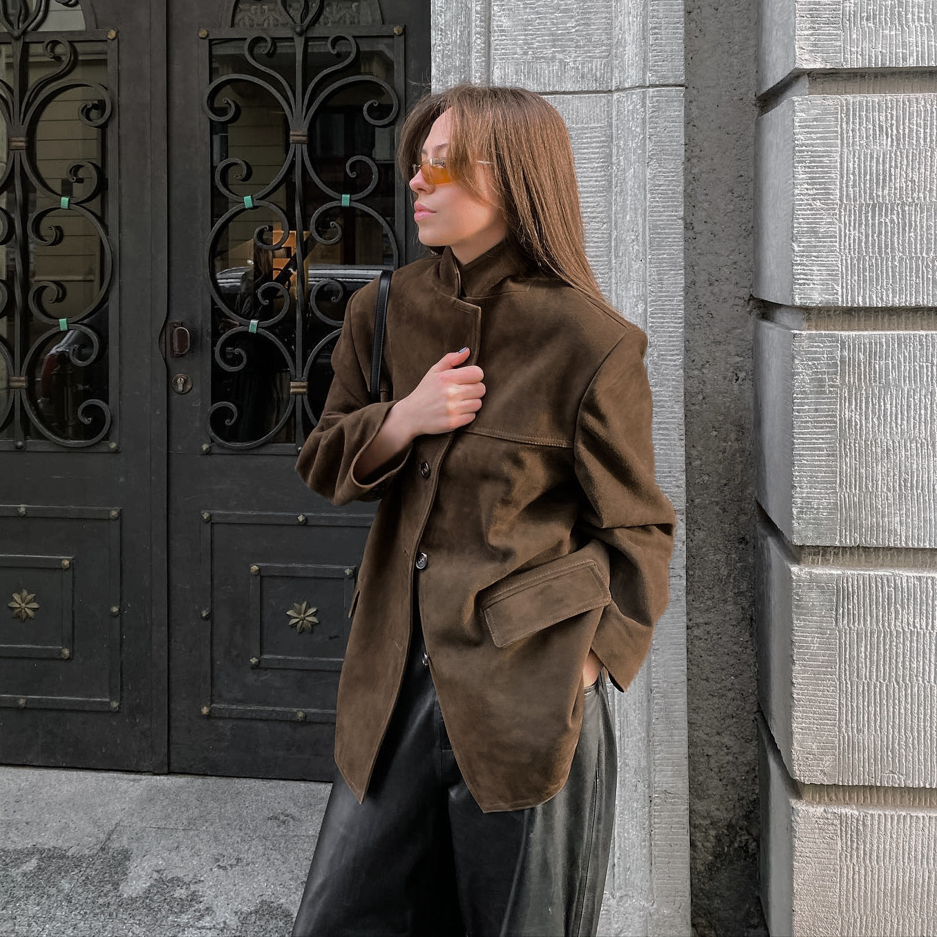 Brown Brushed Velvet Retro Lapels Loose Suede Coat Autumn Winter Maillard Blazers Women