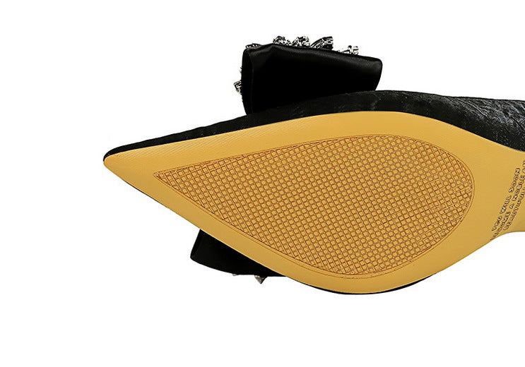 High Heels Stiletto Low Cut Pointed Side Hollow Out Cutout Cloth Surface Ultra High Heel Rhinestone Bow Pumps - GLAMWEARS