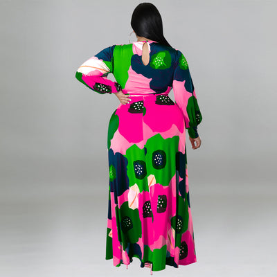 Plus Size Women Clothing Long Sleeve Dress Large Floral Printing Dress Long