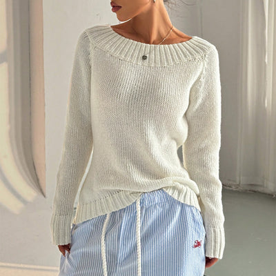 Solid Color Simple off Neck Pullover Sloping Exposed Shoulder Women's Autumn/Winter Knit Casual Sweater for Women