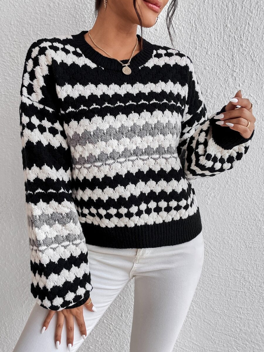 Autumn Winter Office Striped Pullover Loose Outer Wear Idle Knitted Sweater for Women