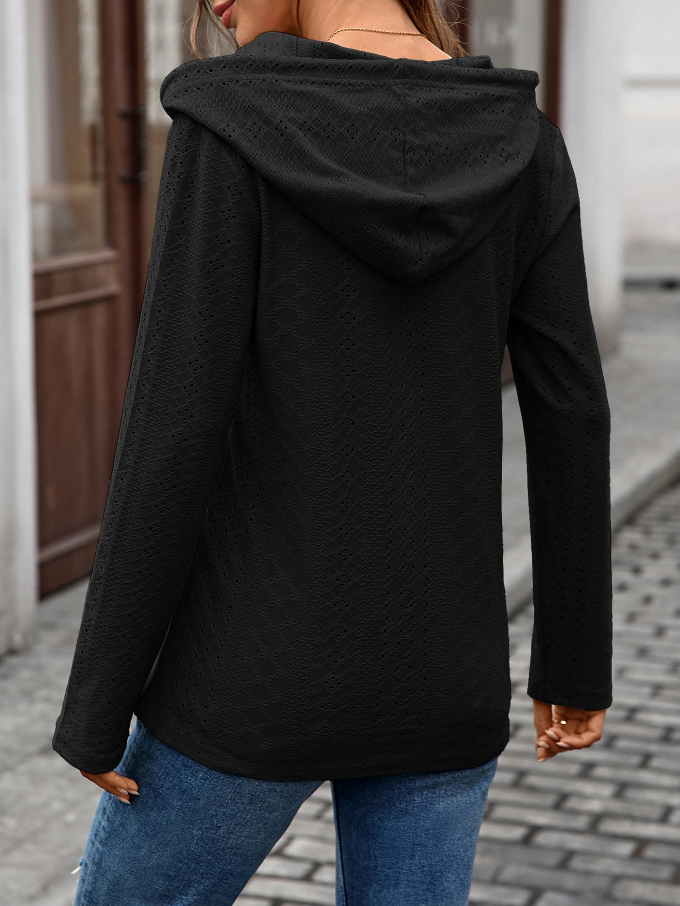Autumn Winter Solid Color Buttons Hooded Loose Long Sleeves Sweater Top Women