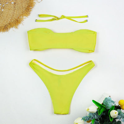 Bikini Three Piece Sets Tube Top Sexy Mesh Solid Color Split Swimsuit Women Dress Long Sleeve